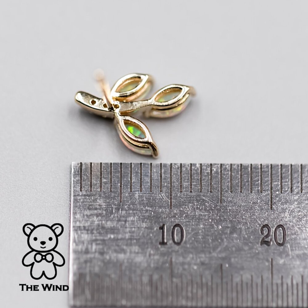 Olive Branch Leaf Design Australian Solid Opal Diamond Stud Earrings 14K Yellow - Picture 7 of 7